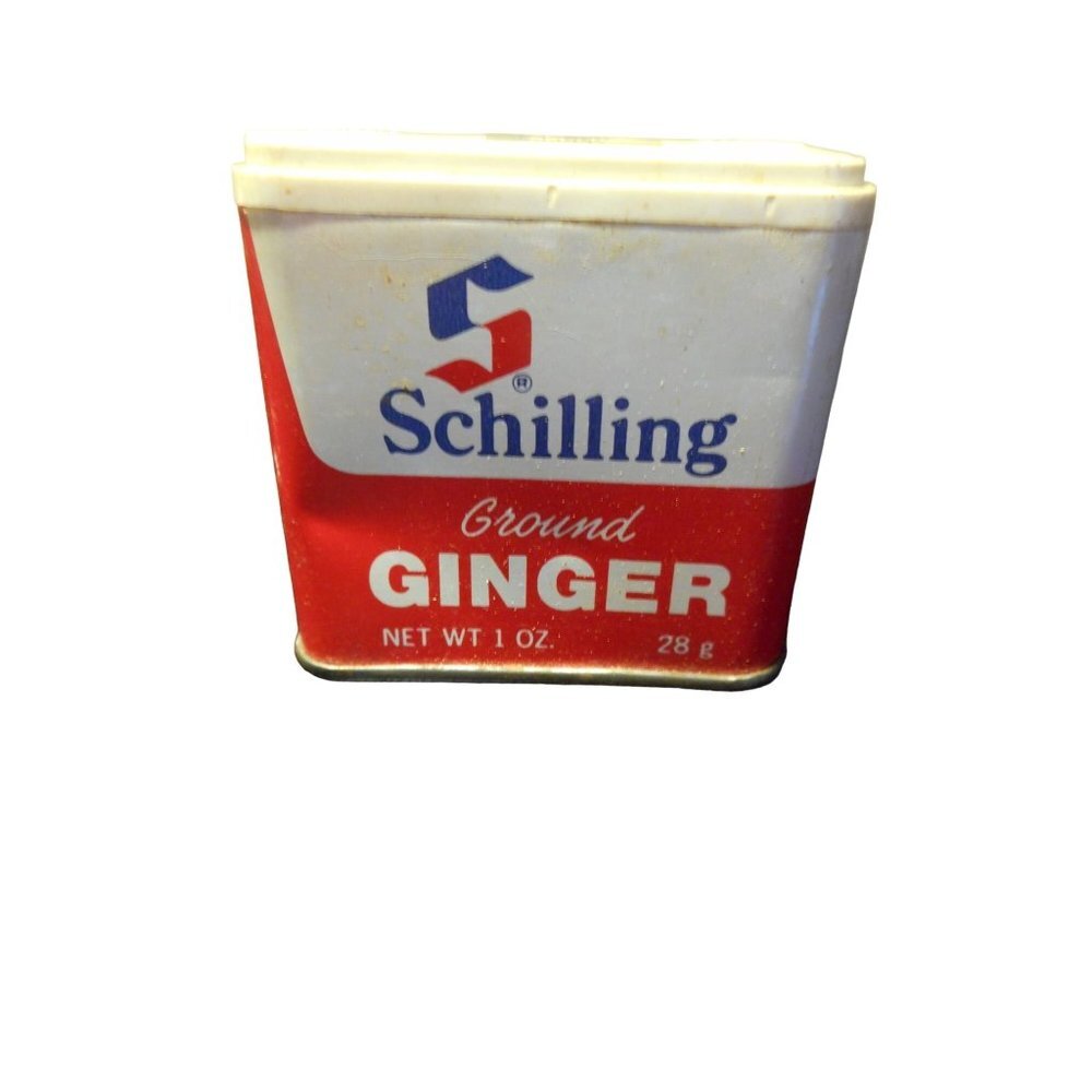 Vintage 1977 Schilling Ground Ginger White and Red Spice Tin McCormick